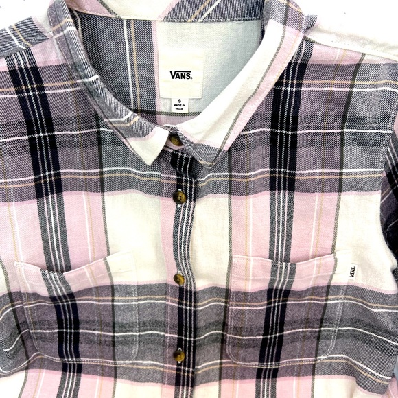 VANS, SMALL (S), FLANNEL LADIES LONG SLEVES SHIRT, BEIGE BASE GREY GREEN LINES - Picture 3 of 13